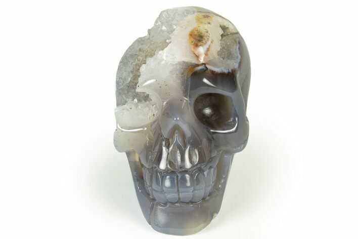 Polished Banded Agate Skull with Quartz Crystal Pocket #237075